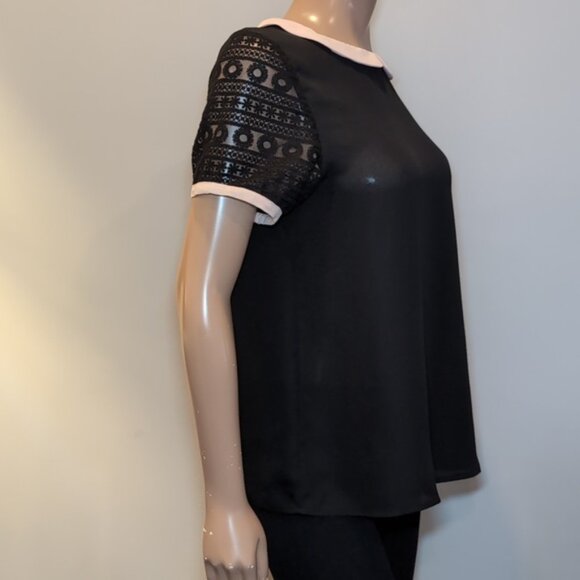 3/$20 TWIK Peter Pan Collar Short Sleeve Blouse Sheer Crochet Black Size XL Top - Picture 6 of 9